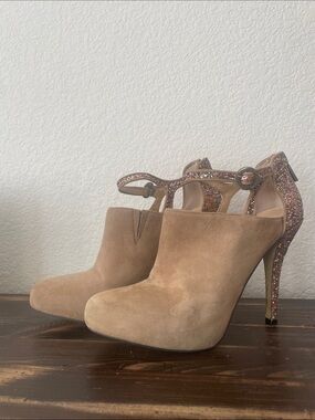 Suede Tan High Heel Booties with Glitter Strap